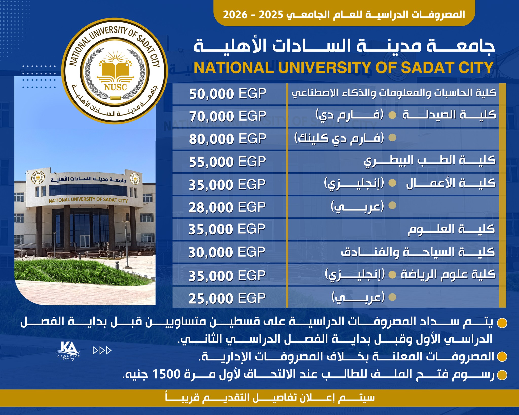 مصاريف جامعة مدينة السادات الأهلية 2025-2026
